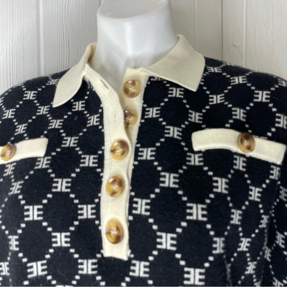 Ell And Emm Monogram Knit Sweater M Black Ivory Collared Quarter Button EE - Picture 5 of 11